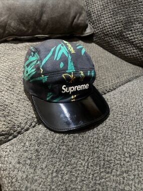 Supreme Deadstock Black Hat with Green and Yellow Pattern 5-Panel